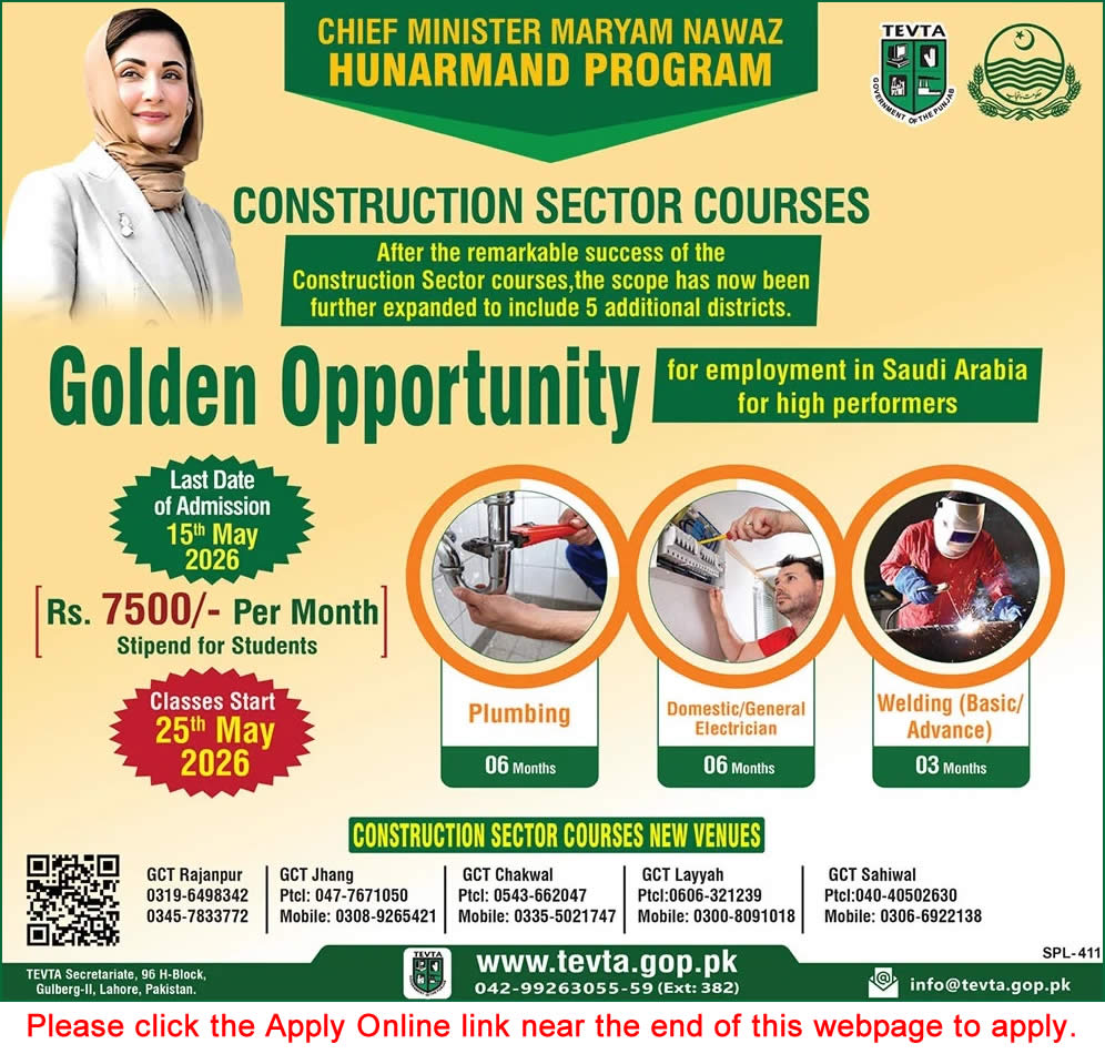 Chief Minister Punjab Hunarmand Program May 2026 Apply Online TEVTA Construction Sector Courses Latest