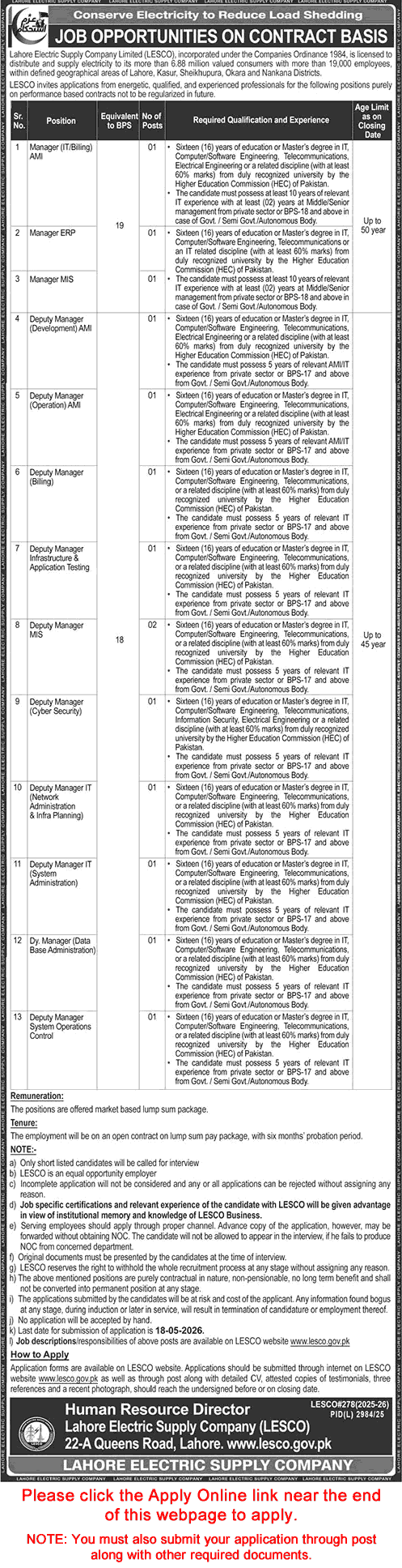 LESCO Jobs May 2026 Apply Online WAPDA Deputy / Managers Lahore Electric Supply Company Latest