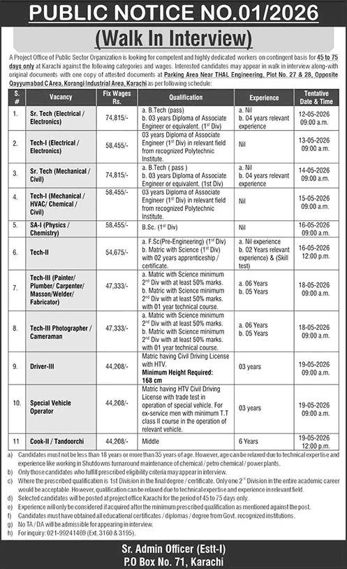 PO Box 71 Karachi Jobs 2026 May PAEC Technicians & Others Walk in Interview Latest