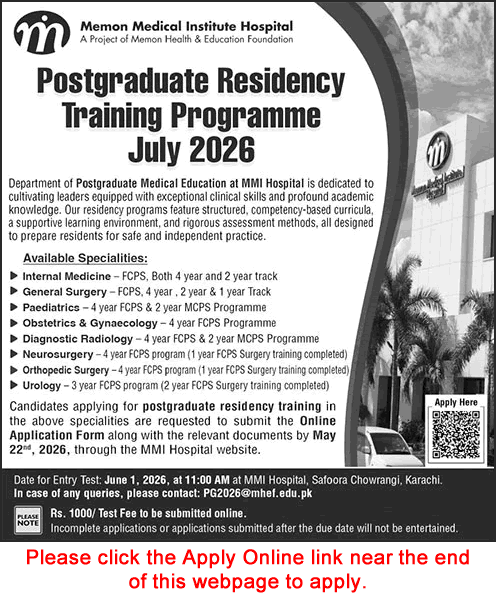 Memon Medical Institute Hospital Karachi Postgraduate Residency Training Program 2026 May Apply Online MMIH Latest