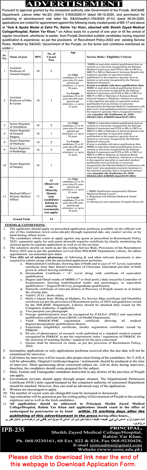 Sheikh Zayed Medical College / Hospital Rahim Yar Khan Jobs May 2026 Application Form Latest