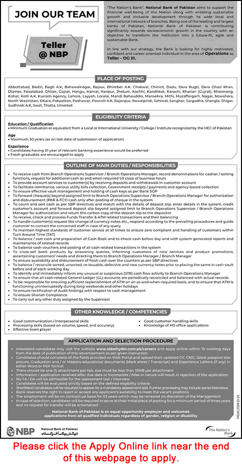 Teller Jobs in National Bank of Pakistan May 2026 Apply Online NBP Cash Officer / Cashier Latest