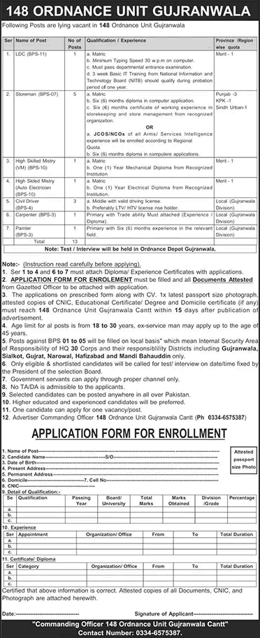 148 Ordnance Unit Gujranwala Cantt Jobs 2026 May Storeman, Drivers & Others Pakistan Army Latest