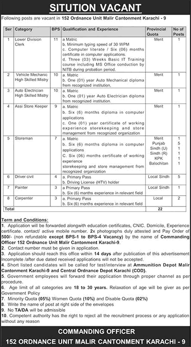 152 Ordnance Unit Malir Cantt Karachi Jobs 2026 May Pakistan Army Storeman, Drivers & Others Latest