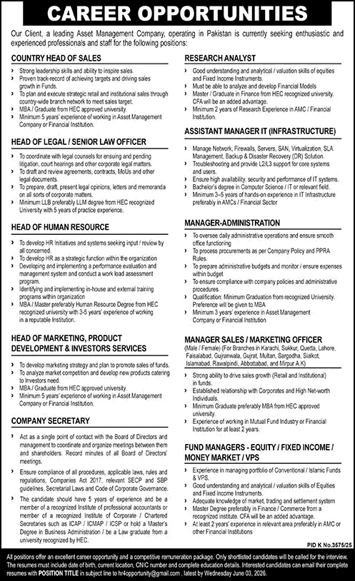 Asset Management Company Jobs in Pakistan 2026 May Sales / Marketing Managers & Others Latest