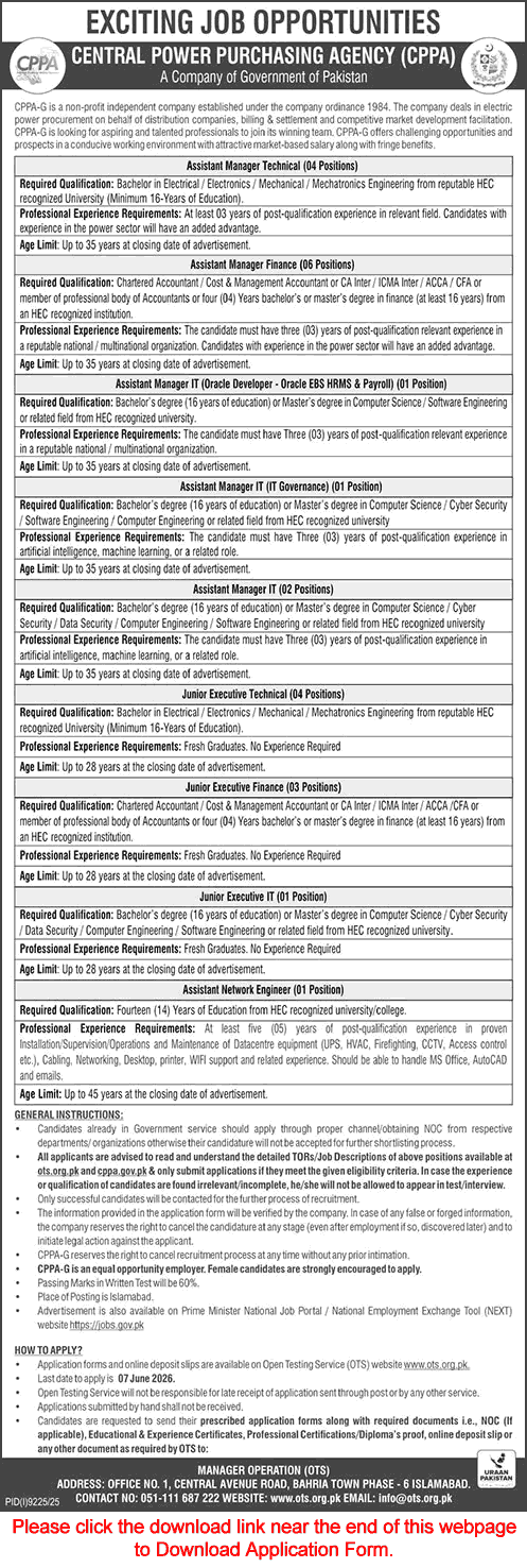 Central Power Purchasing Agency Jobs May 2026 OTS Application Form Assistant Managers & Others CPPA-G Latest