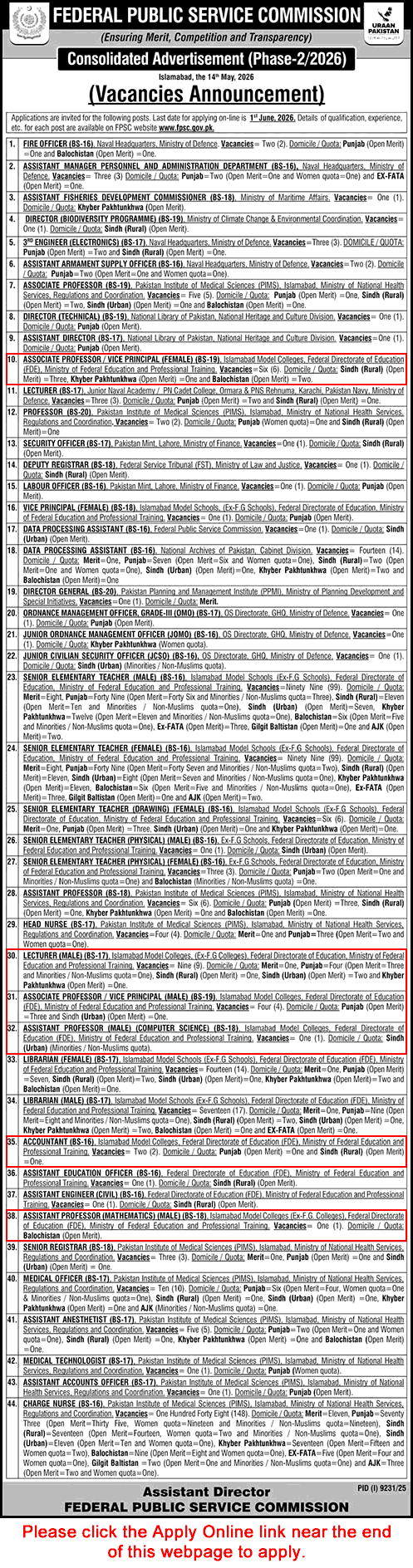 Federal Directorate of Education Jobs May 2026 FPSC Apply Online Islamabad Model Colleges Latest