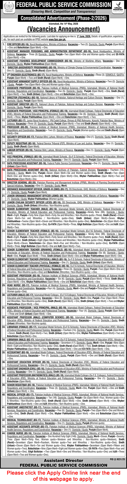 Data Processing Assistant Jobs in National Archives of Pakistan 2026 May FPSC Apply Online Cabinet Division Latest