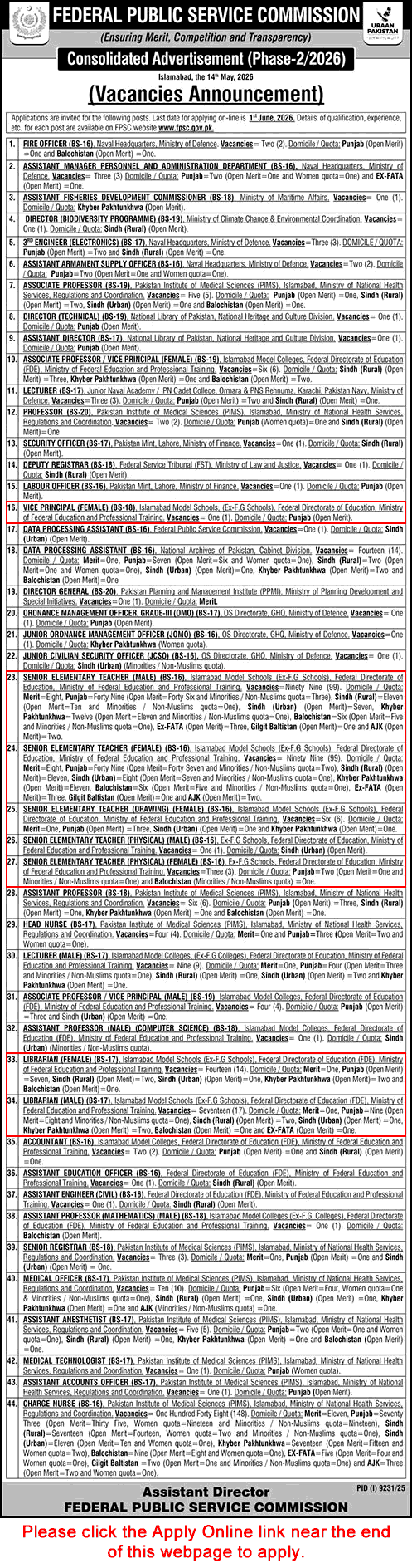Federal Directorate of Education Jobs May 2026 FPSC Apply Online Islamabad Model Schools Latest