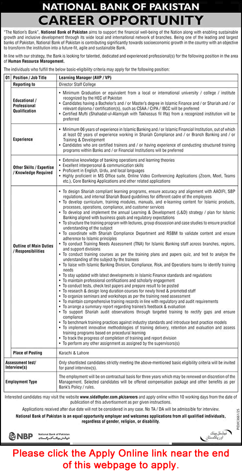 Learning Manager Jobs in National Bank of Pakistan May 2026 Apply Online NBP Latest