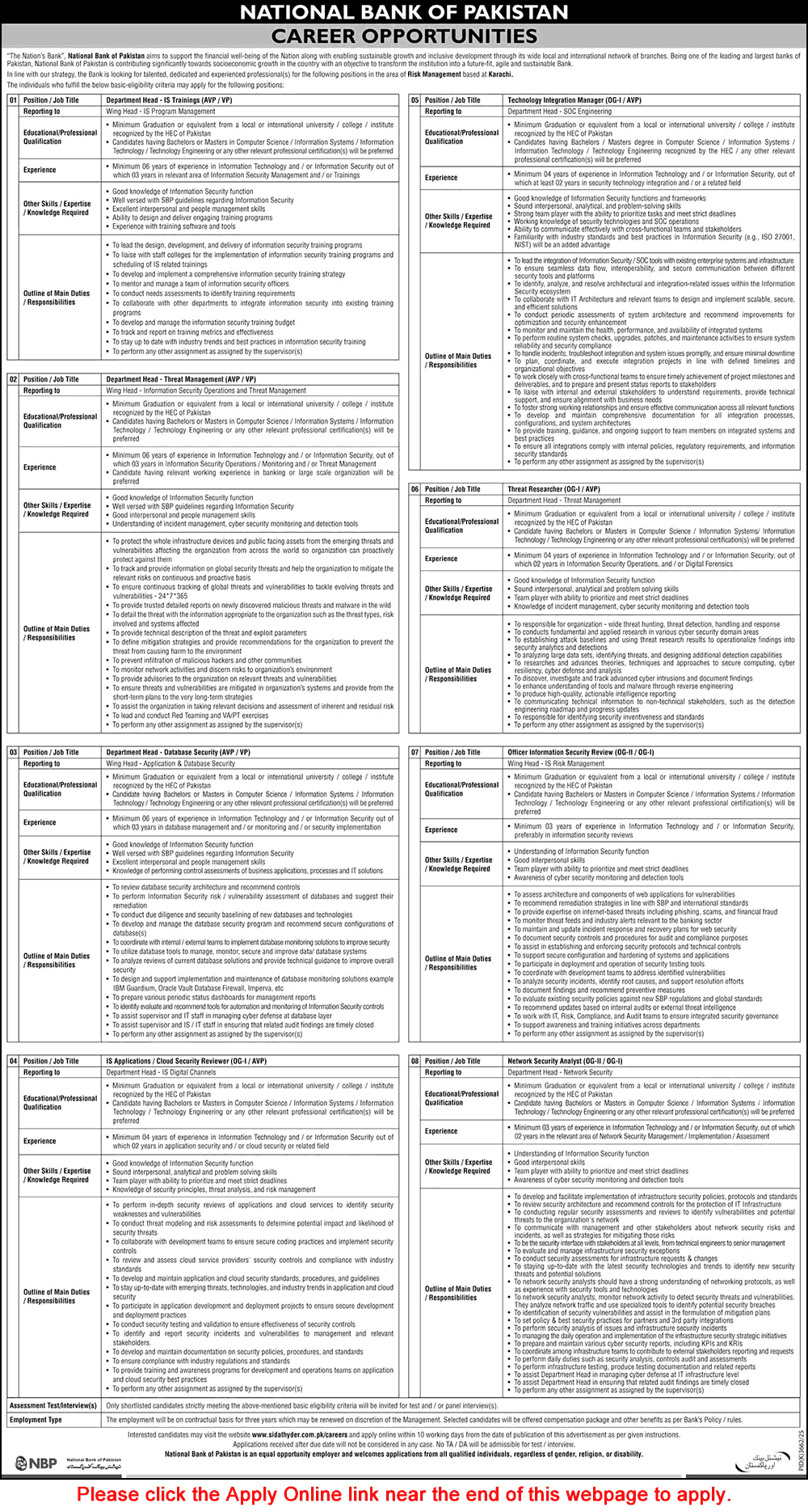 National Bank of Pakistan Jobs May 2026 Apply Online Network Security Analyst & Others NBP Latest
