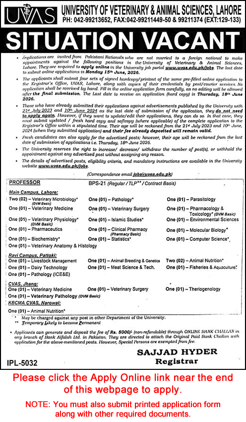 University of Veterinary and Animal Sciences Jobs May 2026 Apply Online Teaching Faculty UVAS Latest