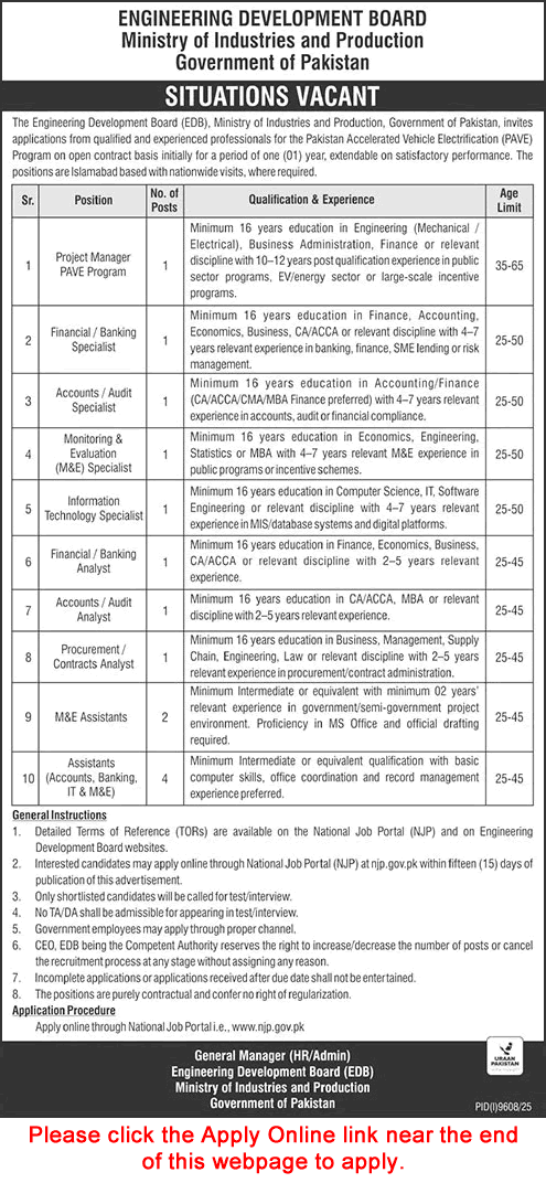 Engineering Development Board Islamabad Jobs 2026 May / June Apply Online Assistants & Others EDB Latest