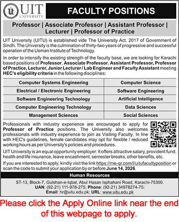 UIT University Karachi Jobs 2026 May / June Apply Online Teaching Faculty & Lab Engineers Latest
