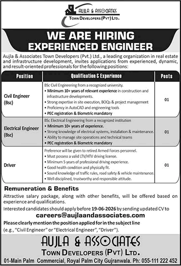Aujla and Associates Town Developers Gujranwala Jobs 2026 June Civil / Electrical Engineers & Driver Latest