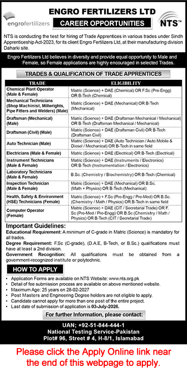 Engro Fertilizer Apprenticeships 2026 June NTS Application Form Trade Apprentices Jobs Latest