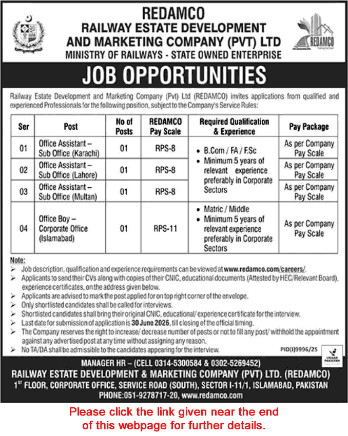 Railway Estate Development and Marketing Company Jobs June 2026 Office Assistants & Office Boy REDAMCO Latest
