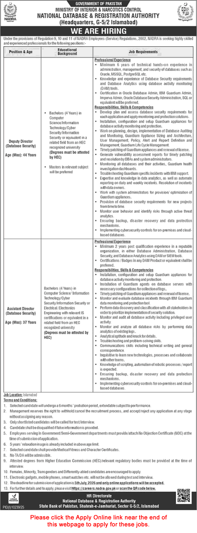 NADRA Jobs June 2026 Apply Online Assistant / Deputy Directors Database Security Latest