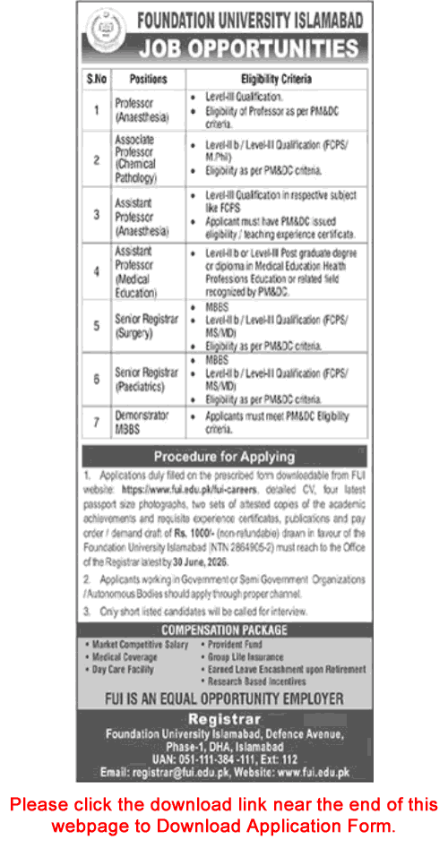 Foundation University Islamabad Jobs June 2026 Application Form Teaching Faculty Latest
