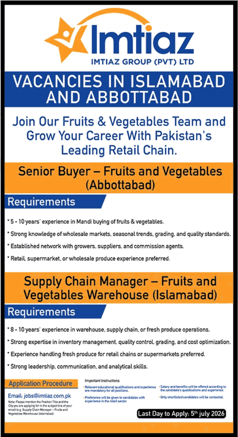 Imtiaz Supermarket Islamabad / Abbottabad Jobs June 2026 Supply Chain Manager & Senior Buyer Latest