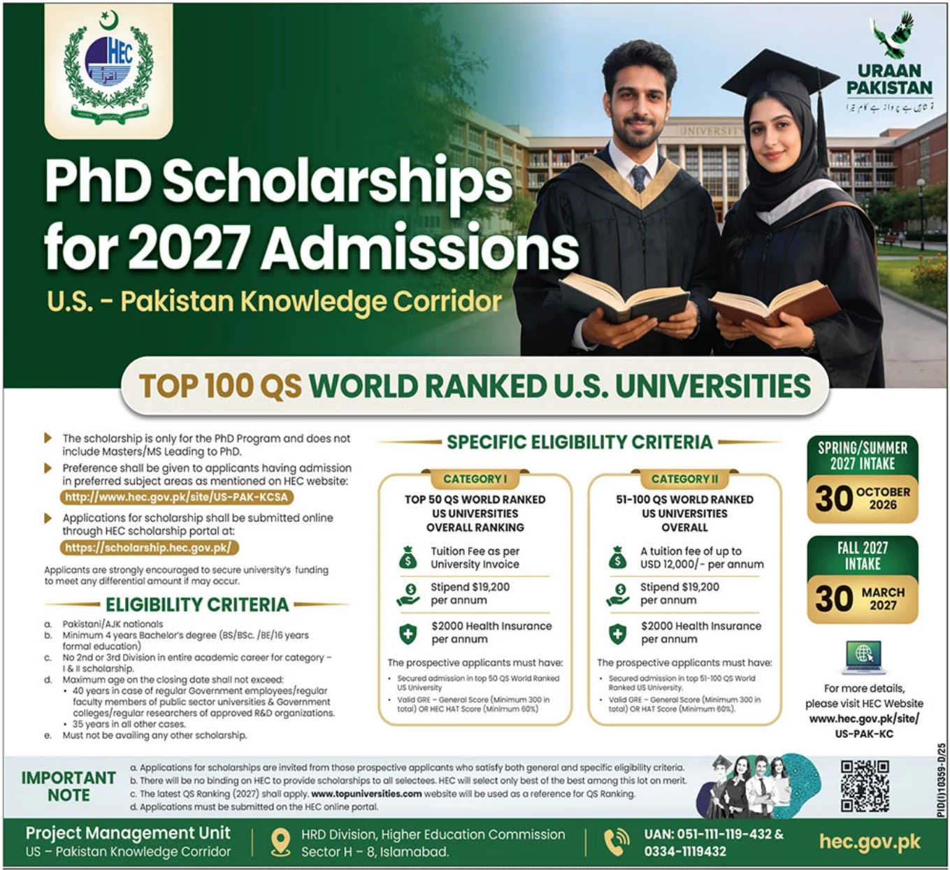HEC Overseas PhD Scholarships 2026 June / July Apply Online US Pakistan Knowledge Corridor Latest
