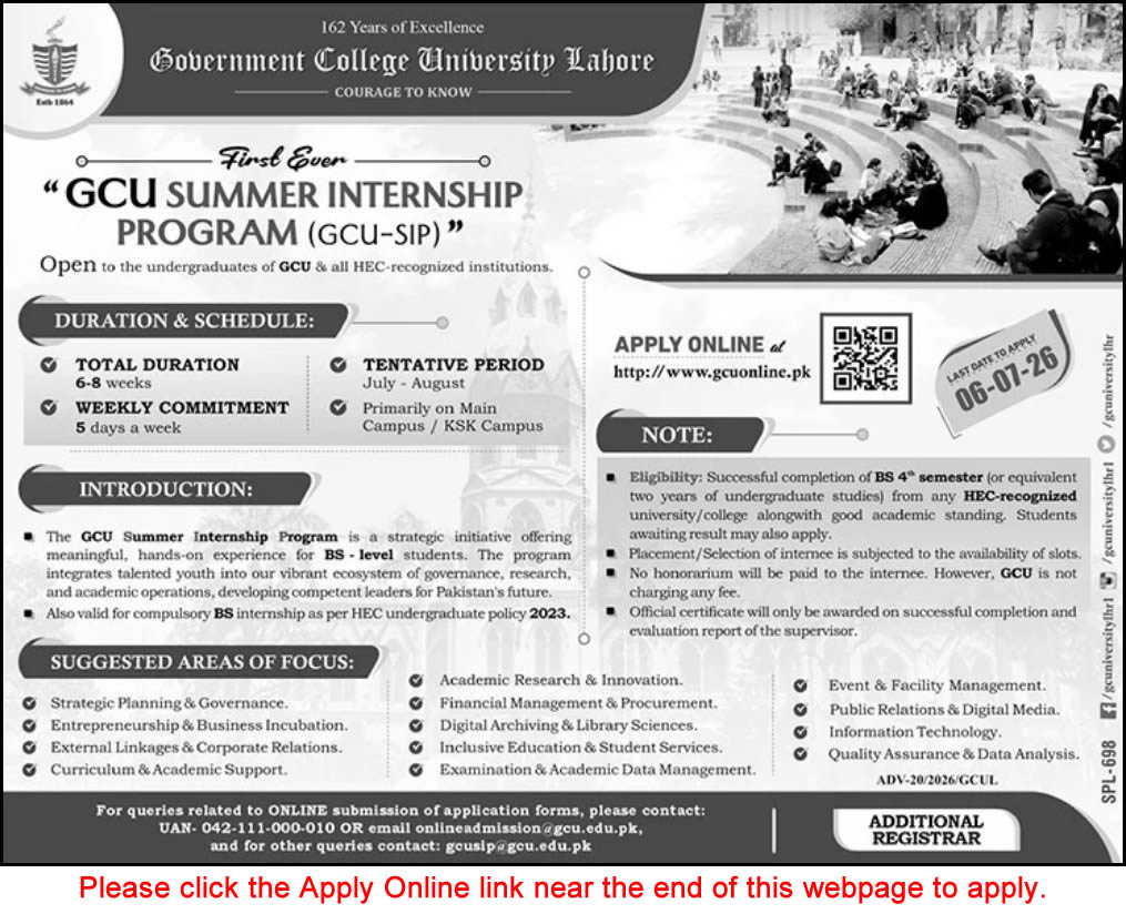 GC University Lahore Summer Internship Program 2026 June / July Apply Online for BS Level Students Latest