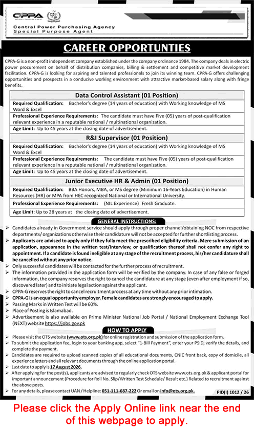 Central Power Purchasing Agency Jobs August 2026 OTS Apply Online Data Control Assistant & Others CPPA-G Latest