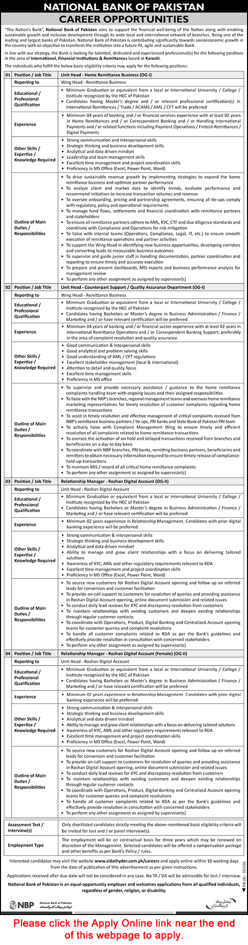 National Bank of Pakistan Jobs August 2026 Apply Online Relationship Managers & Unit Head NBP Latest