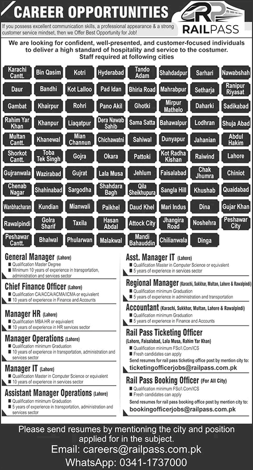 Railpass Pakistan Jobs 2026 August Booking Officers, Ticketing Officer, Accountants & Others Latest