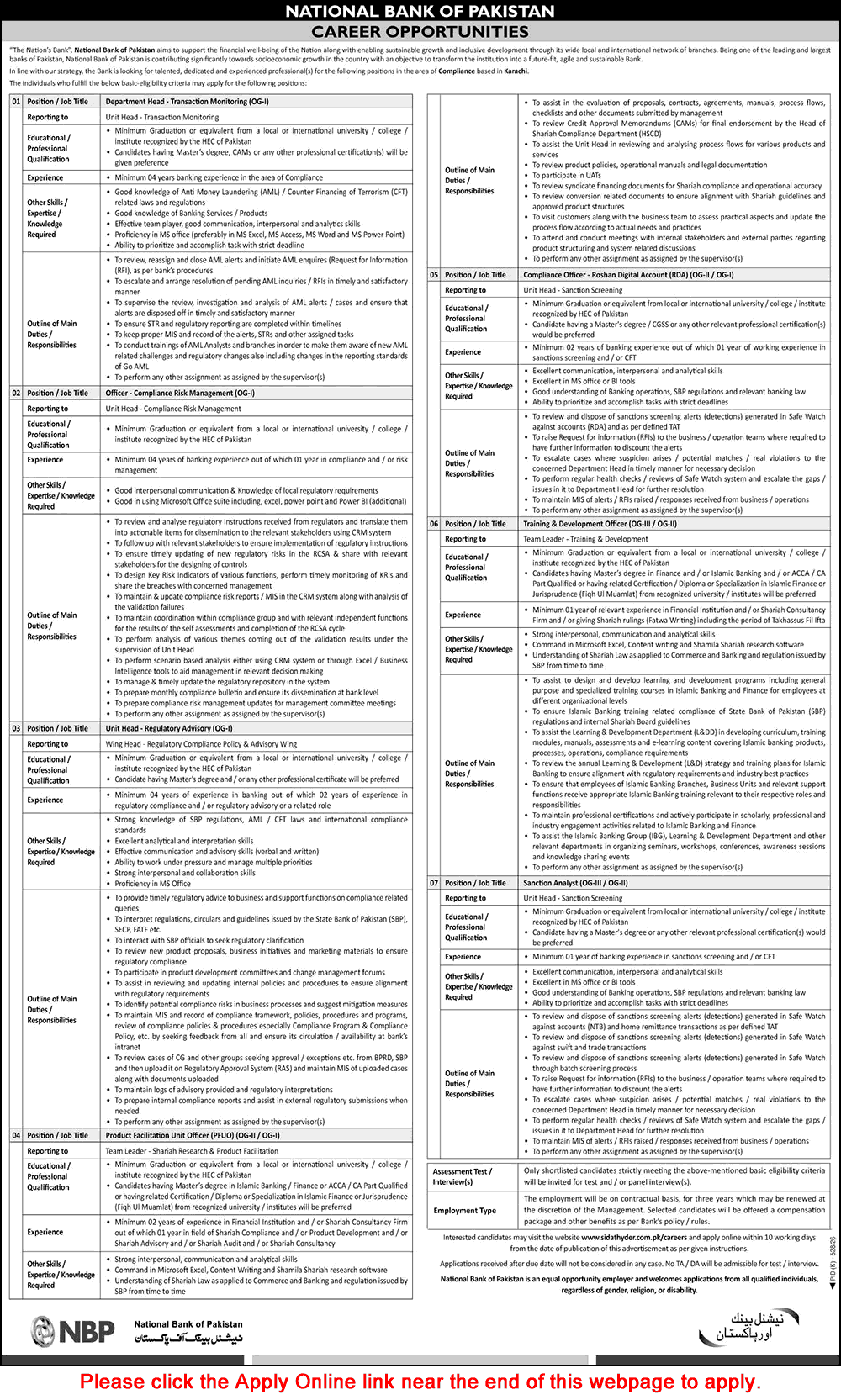 National Bank of Pakistan Jobs August 2026 Apply Online Compliance Officer, Sanction Analyst & Others Latest