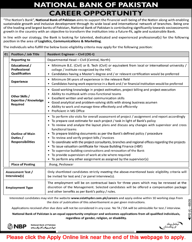 Civil Engineer Jobs in National Bank of Pakistan August 2026 Apply Online NBP Resident Engineer Latest