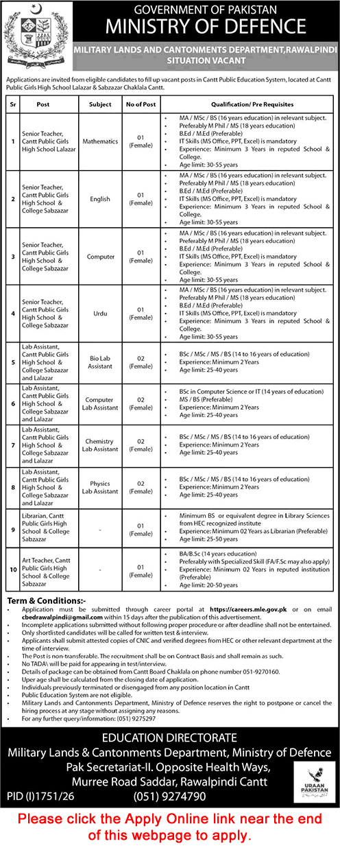 Cantt Public Education System Rawalpindi Jobs 2026 August Apply Online Teachers & Others ML&CD Latest