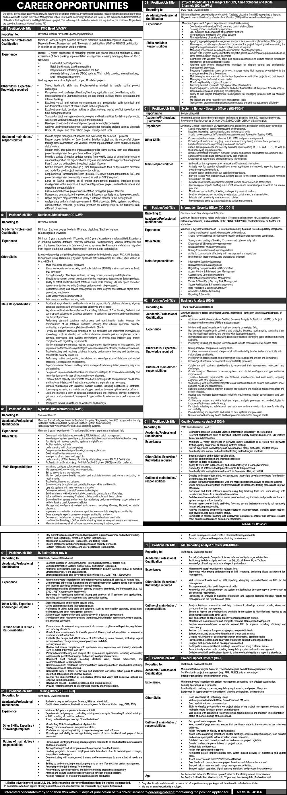 Bank Jobs in Islamabad / Muzaffarabad August 2026 Project Support Officers, Business Analysts & Others Latest