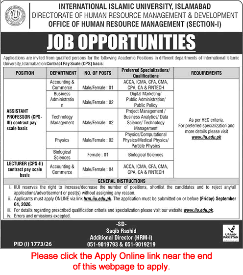 International Islamic University Islamabad Jobs August 2026 Apply Online Teaching Faculty IIUI Latest