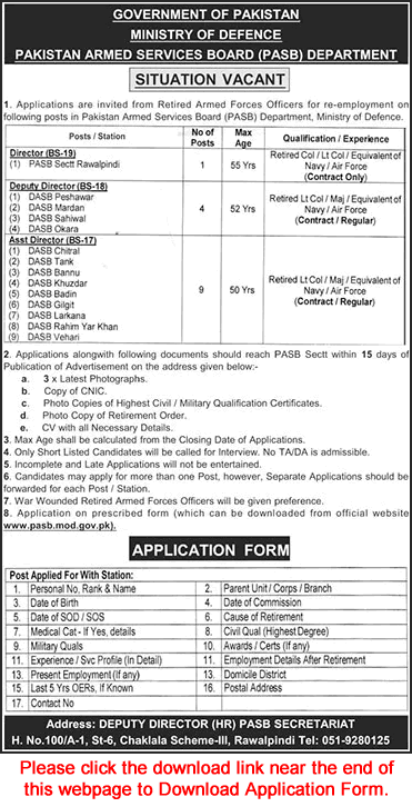 Pakistan Armed Services Board Jobs August 2026 Application Form Deputy / Assistant Directors Ex/Retired Army Officers PASB Latest