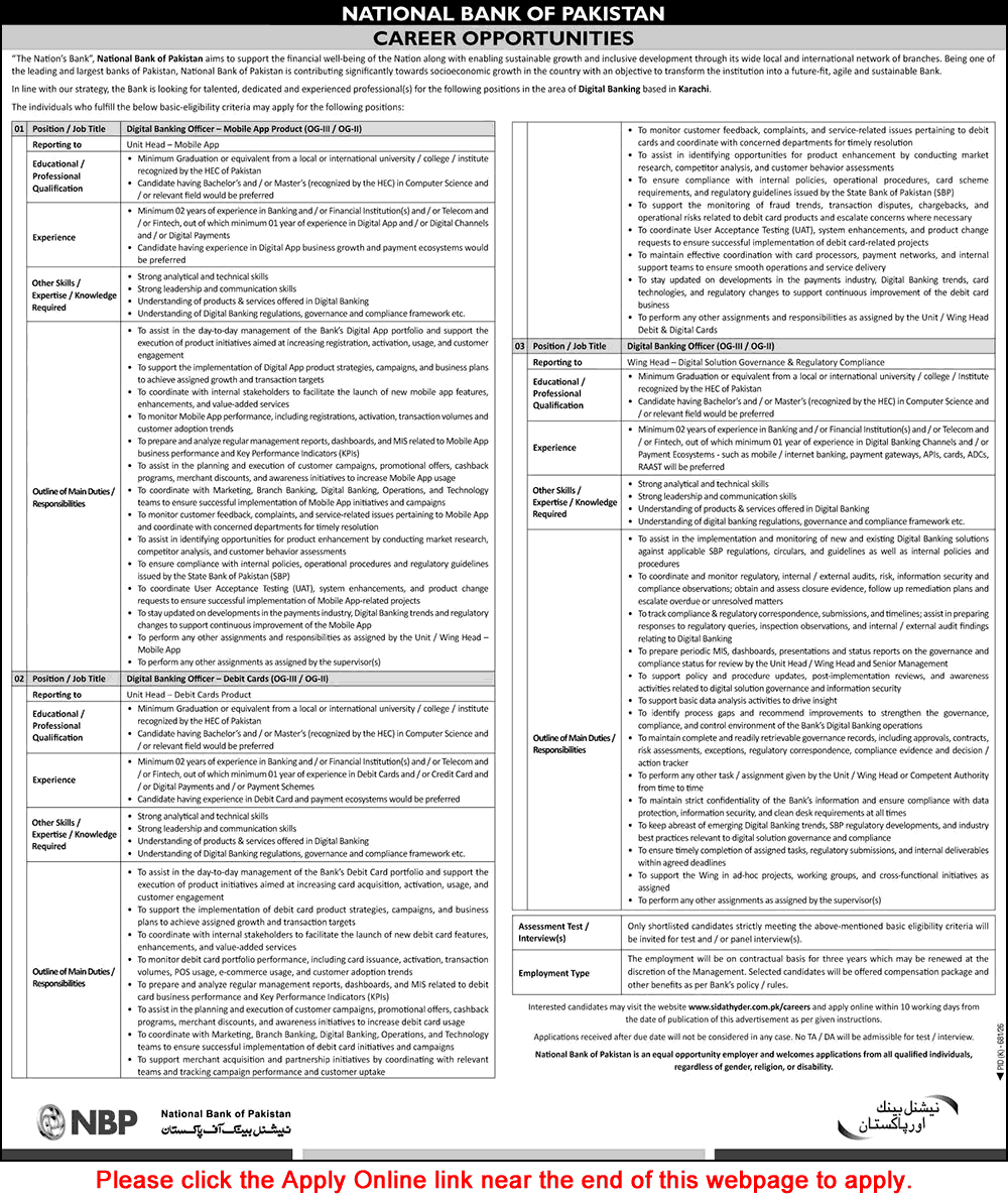 Digital Banking Officer Jobs in National Bank of Pakistan August 2026 September Apply Online NBP Latest