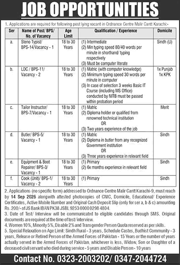 Ordnance Centre Malir Cantt Karachi Jobs August 2026 September Stenotypist, Clerk & Others Latest