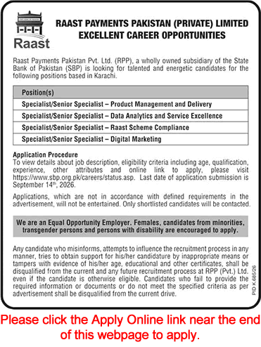 Specialist Jobs in Raast Payments Pakistan Pvt Ltd Karachi 2026 August / September Apply Online Latest