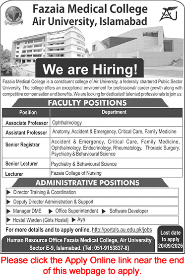 Fazaia Medical College Islamabad Jobs September 2026 Apply Online Teaching Faculty & Others Air University Latest