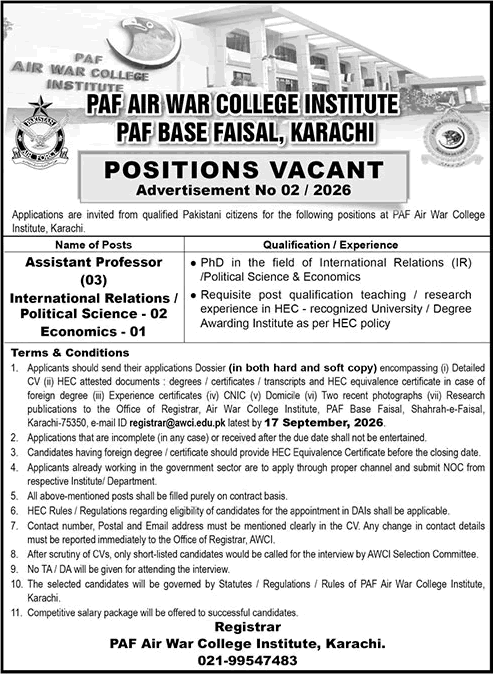 Assistant Professor Jobs in PAF Air War College Institute Karachi September 2026 Latest