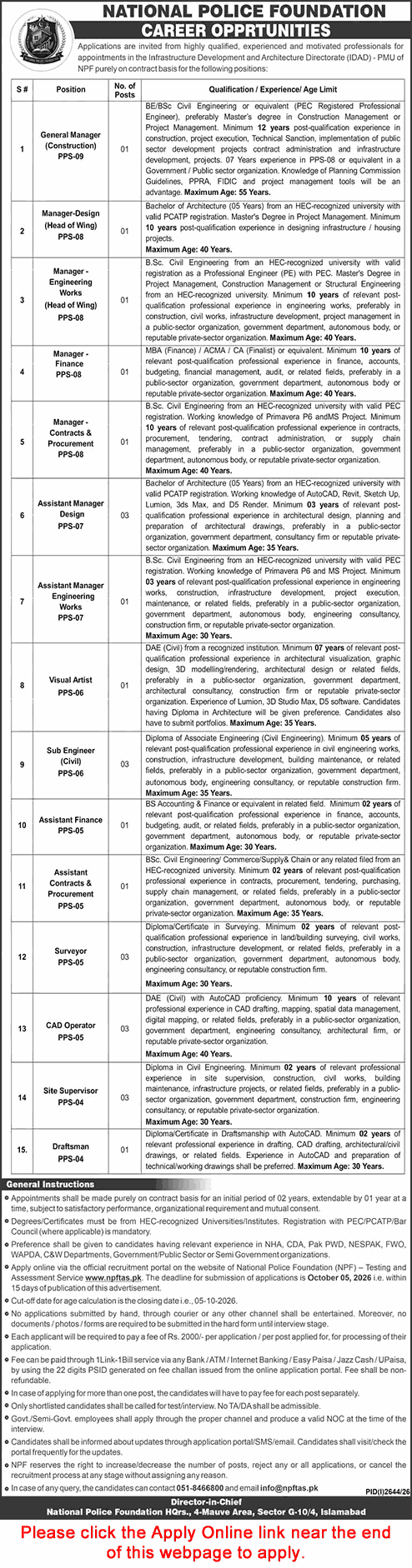 National Police Foundation Islamabad Jobs September 2026 Apply Online Site Supervisors, Surveyors & Others NPF Latest