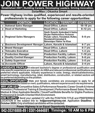 Power Highway Jobs 2026 September Sales Manager, Business Development Managers, Accounts Officers & Others Latest