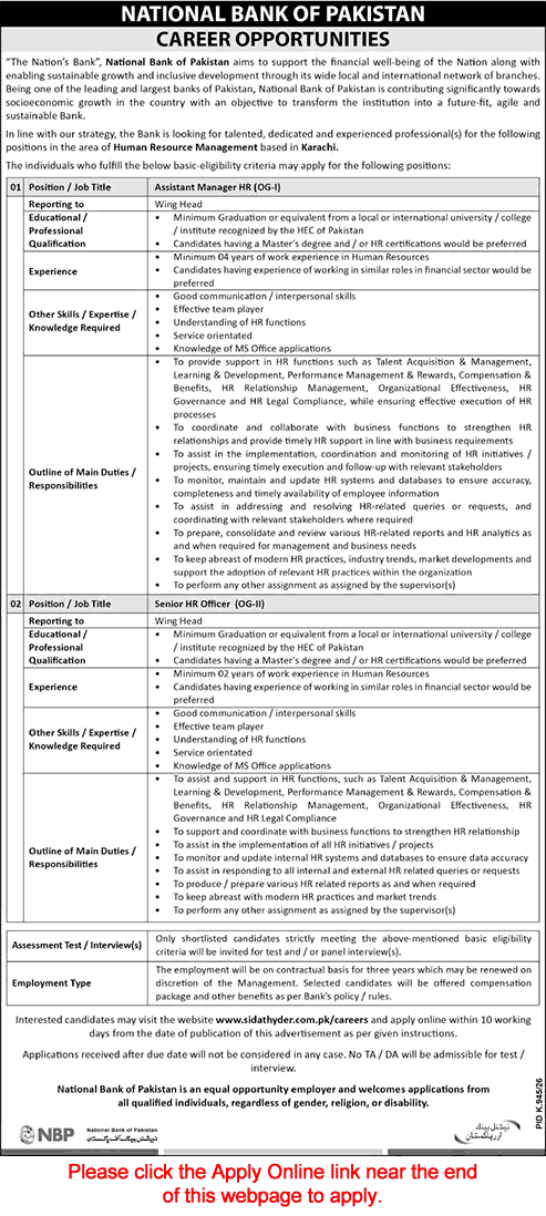 National Bank of Pakistan Jobs September 2026 for Apply Online Assistant Manager & HR Officer Latest
