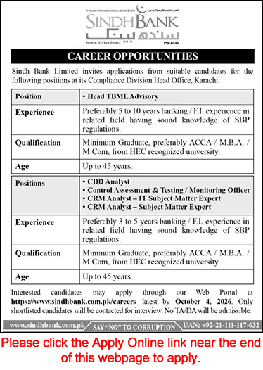 Sindh Bank Jobs September 2026 Apply Online CRM / CDD Analysts & Others Latest