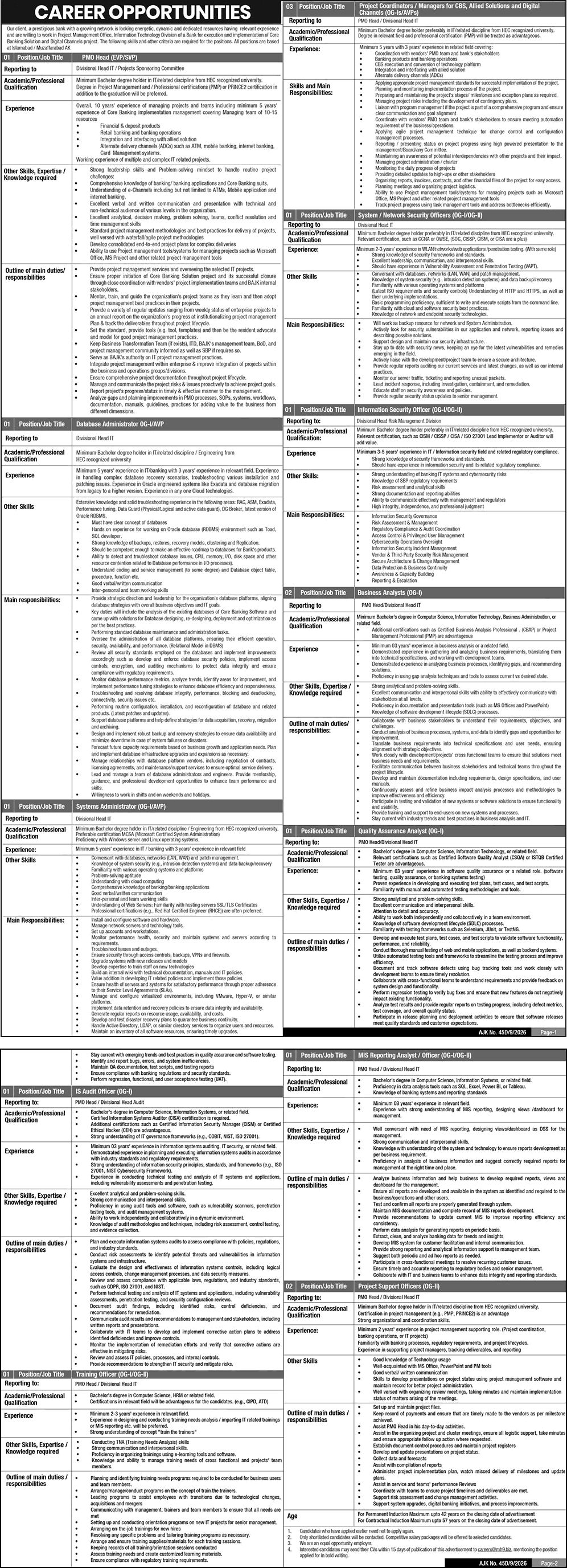 AJK Bank Jobs September 2026 October Project Support Officers, Business Analysts & Others BAJK Latest