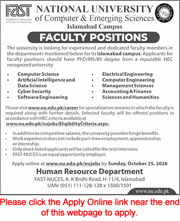 FAST University Islamabad Jobs October 2026 Apply Online Teaching Faculty Latest