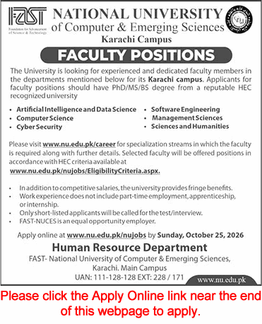 FAST University Karachi Jobs October 2026 Apply Online Teaching Faculty Latest